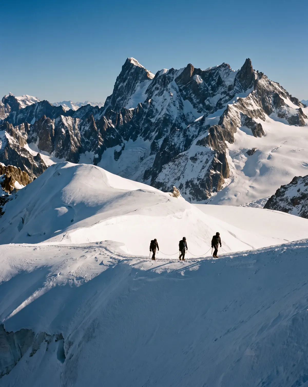 A roped team of three mountaineers crossing a snowy alpine ridge under a clear sky
